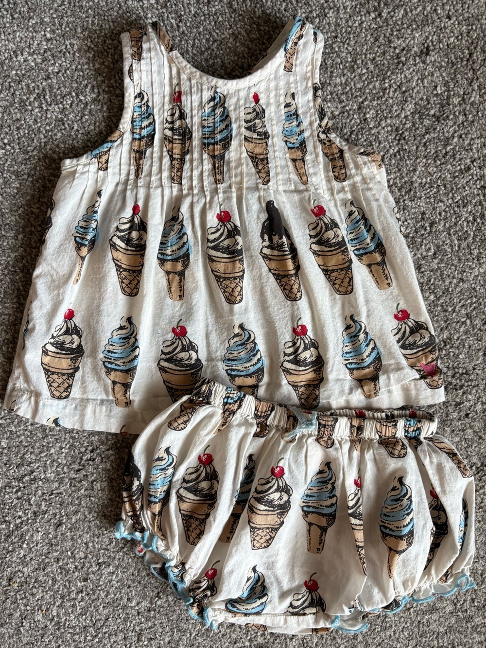 Pink Chicken Cream Ice Cream Print Tank & Bloomers Set with Blue and Red Accents